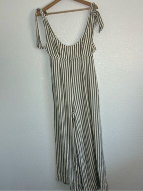 Urban Outfitters Jumpsuit Womens Small Beige Stripe Tie Strap Wide Leg Linen